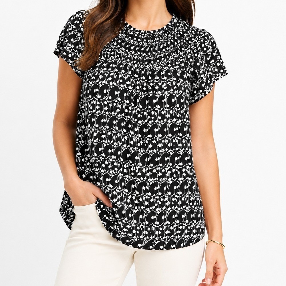 LOFT Womens Blouse Size L Black White Abstract Print Short Sleeve Tunic Top Boho